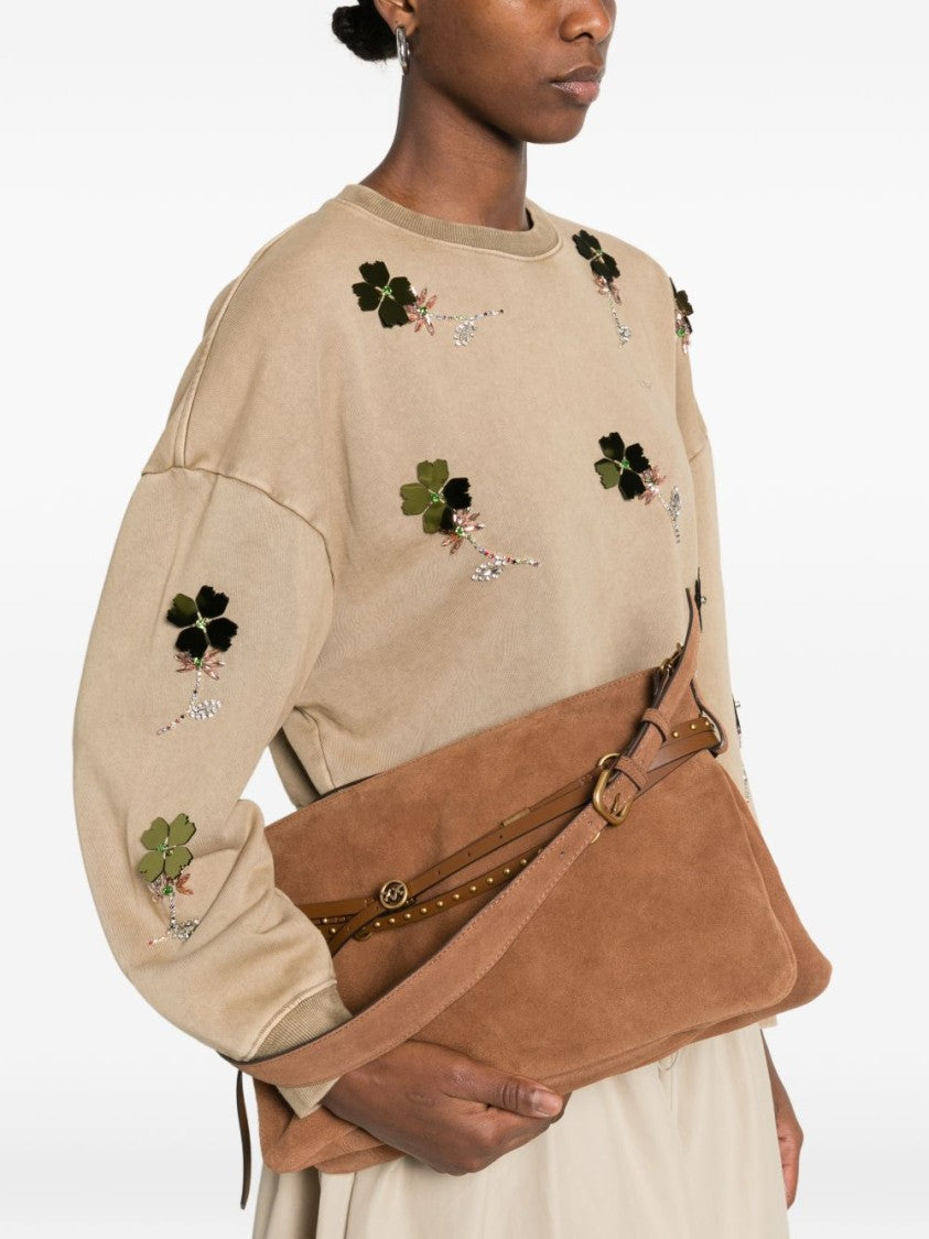 Pinko Brown Calf Leather Shoulder Bag With Gold-Tone Hardware And Suede Finish