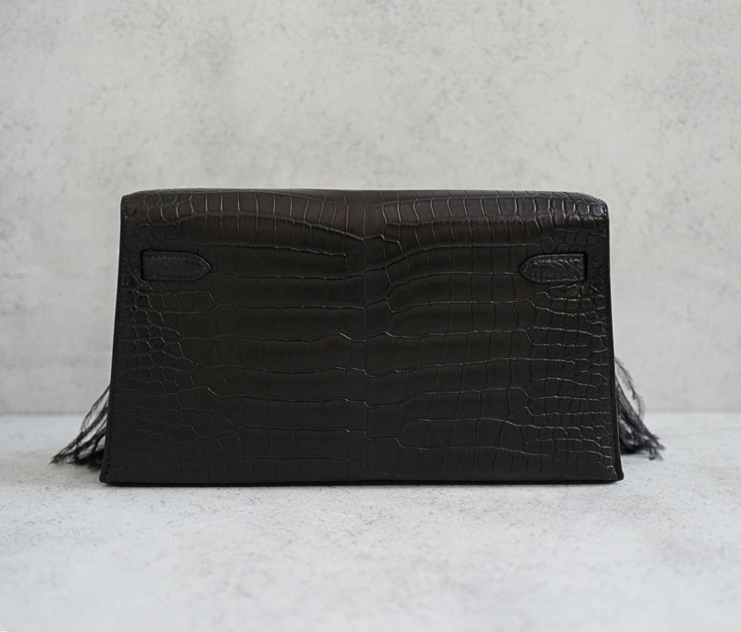 BNIB Hermès Kelly Elan Folie Noir Matte Porosus Crocodile Ostrich Feather PHW