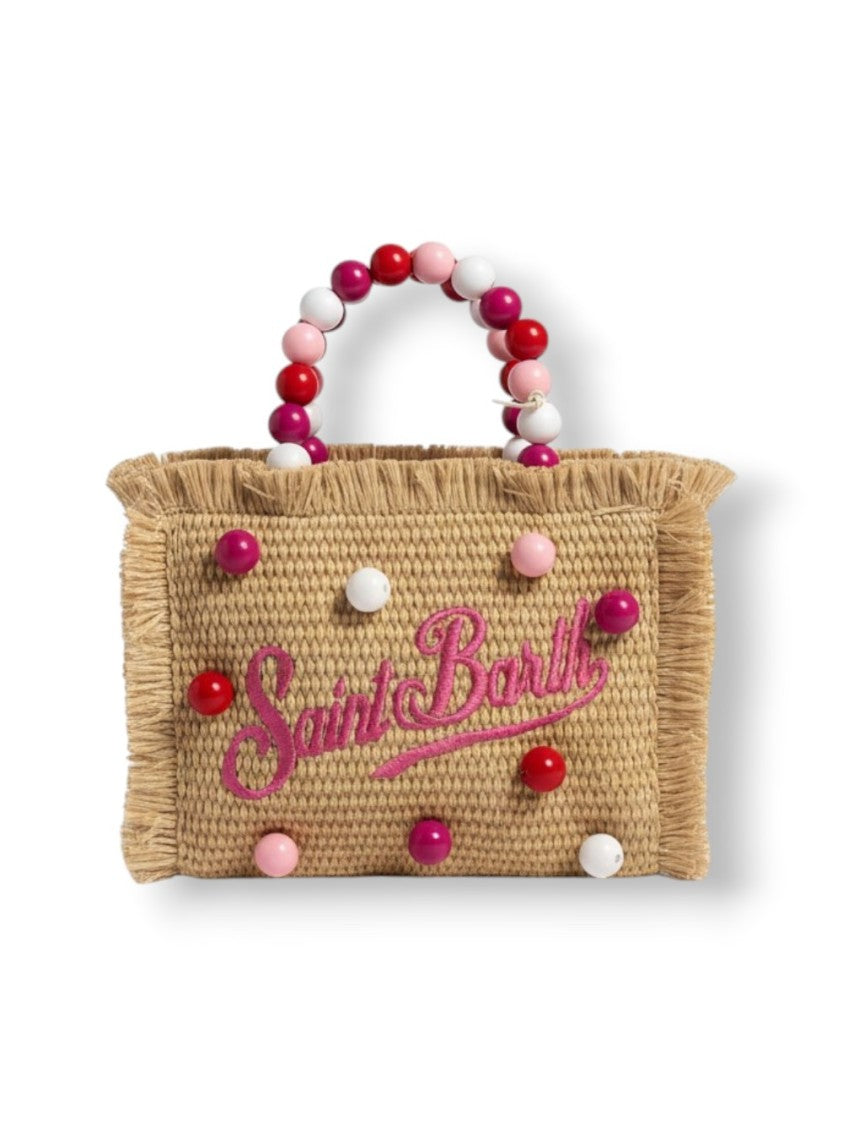 Mc2 Saint Barth Rectangular Woven Tote With Fringed Edges And Colorful Bead Accents