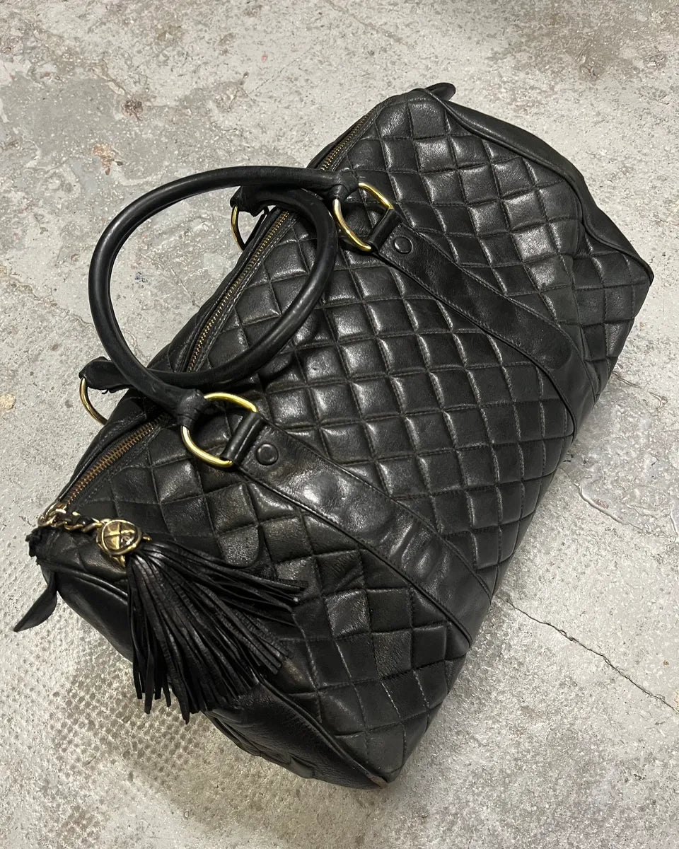 1990s Chanel Black Leather Bowling Quilted Handle Bag