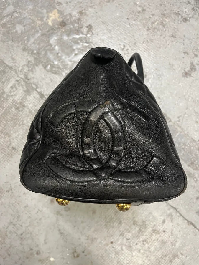 1990s Chanel Black Leather Bowling Quilted Handle Bag