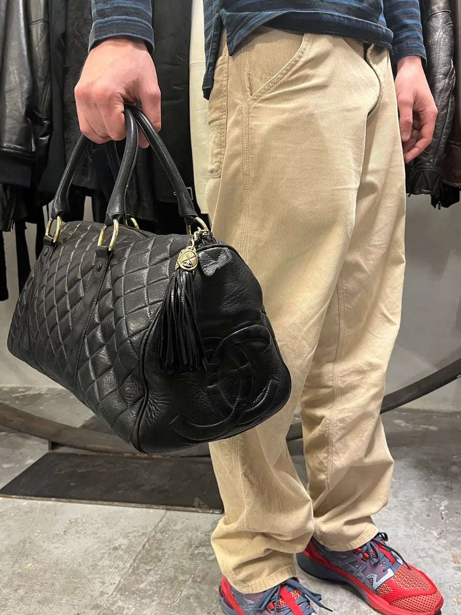 1990s Chanel Black Leather Bowling Quilted Handle Bag