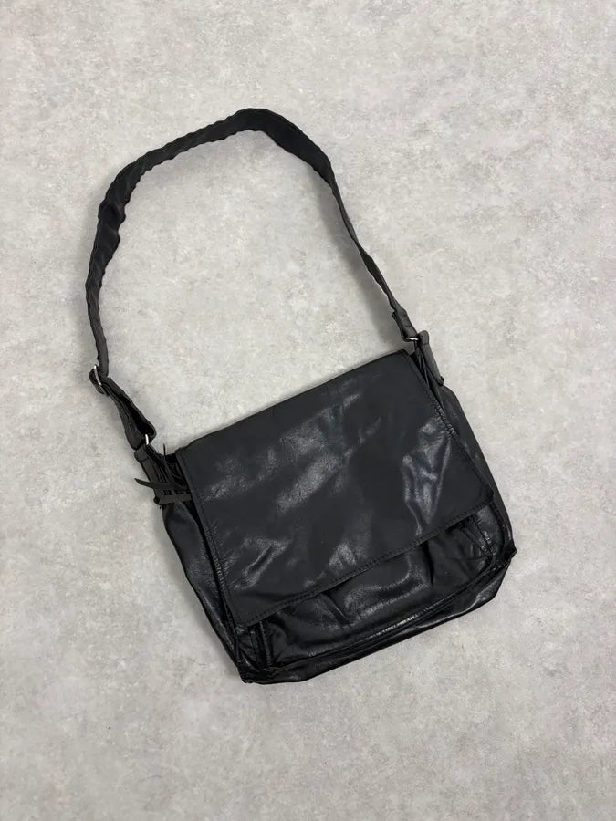 1990s Miu Miu Black Minimalist Leather Messenger Bag