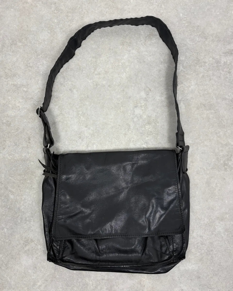 1990s Miu Miu Black Minimalist Leather Messenger Bag