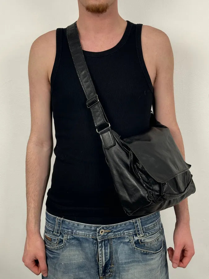 1990s Miu Miu Black Minimalist Leather Messenger Bag