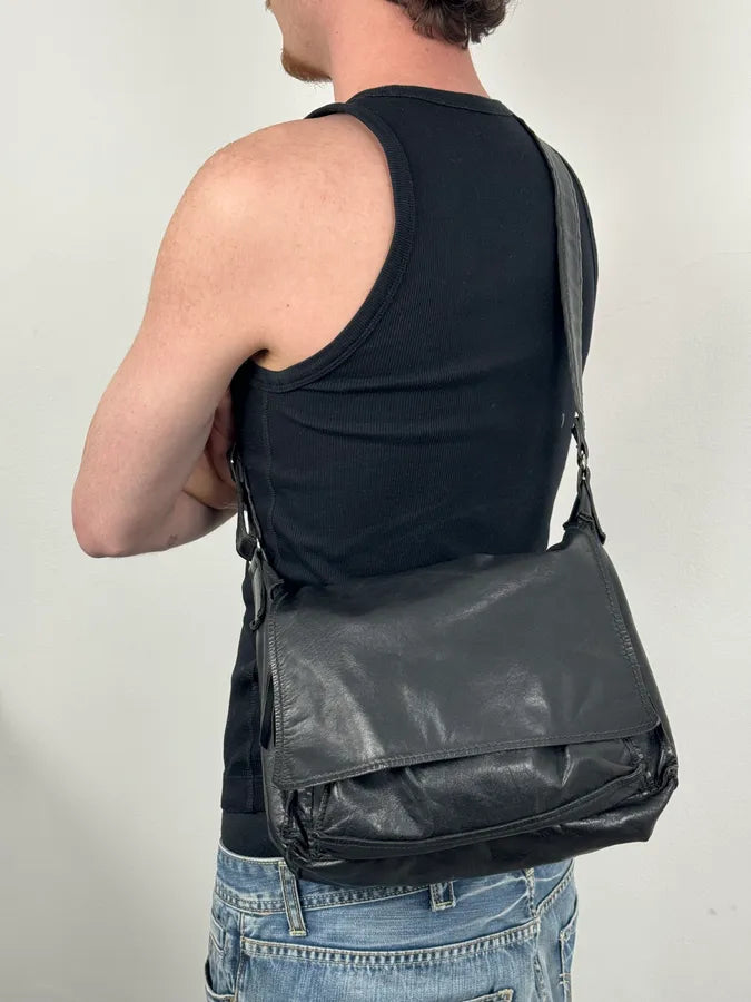 1990s Miu Miu Black Minimalist Leather Messenger Bag