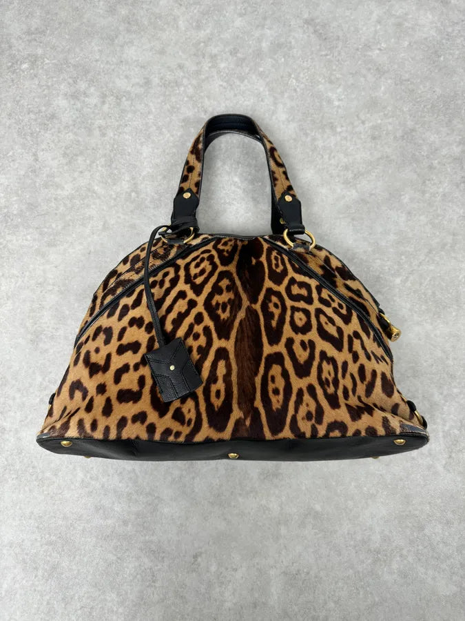 1990s Yves Saint Laurent Leopard Print Pony Hair Leather Handle Bag