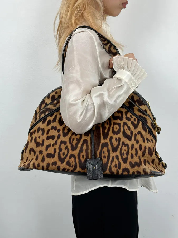 1990s Yves Saint Laurent Leopard Print Pony Hair Leather Handle Bag