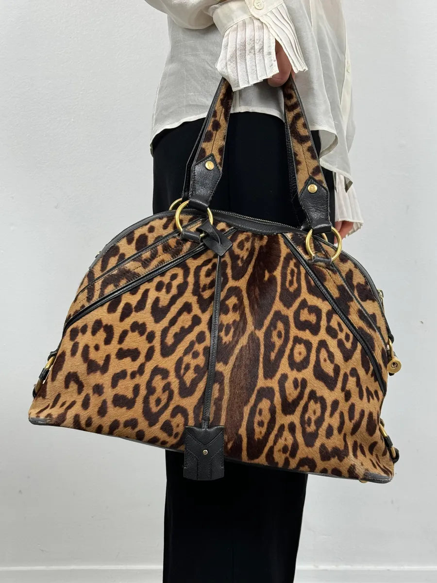 1990s Yves Saint Laurent Leopard Print Pony Hair Leather Handle Bag