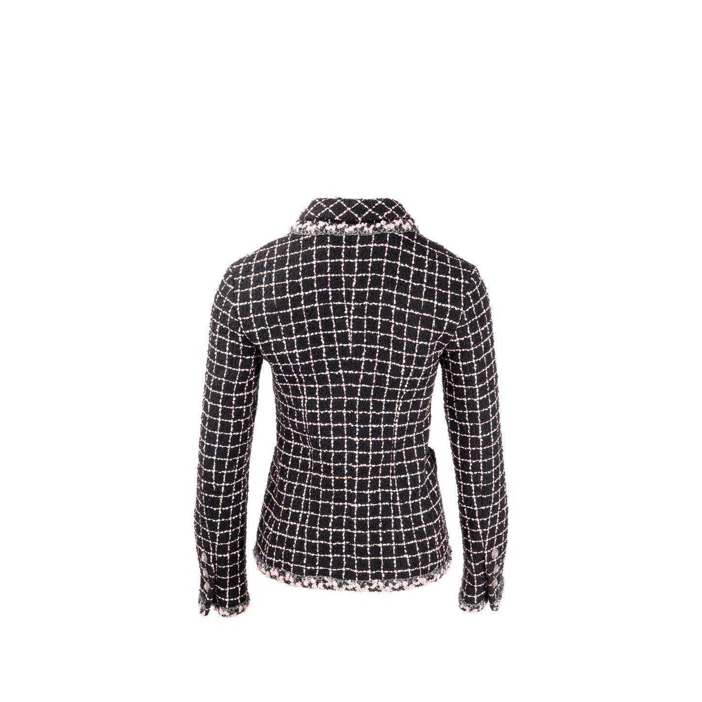 Chanel Size 36 Camellia Detailed Button Tweed Jacket Wool/Polyamide Black/Pink