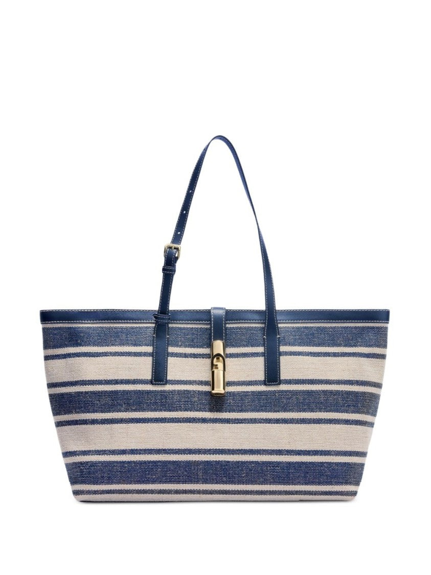 Furla Rectangular Navy And Beige Striped Tote Bag