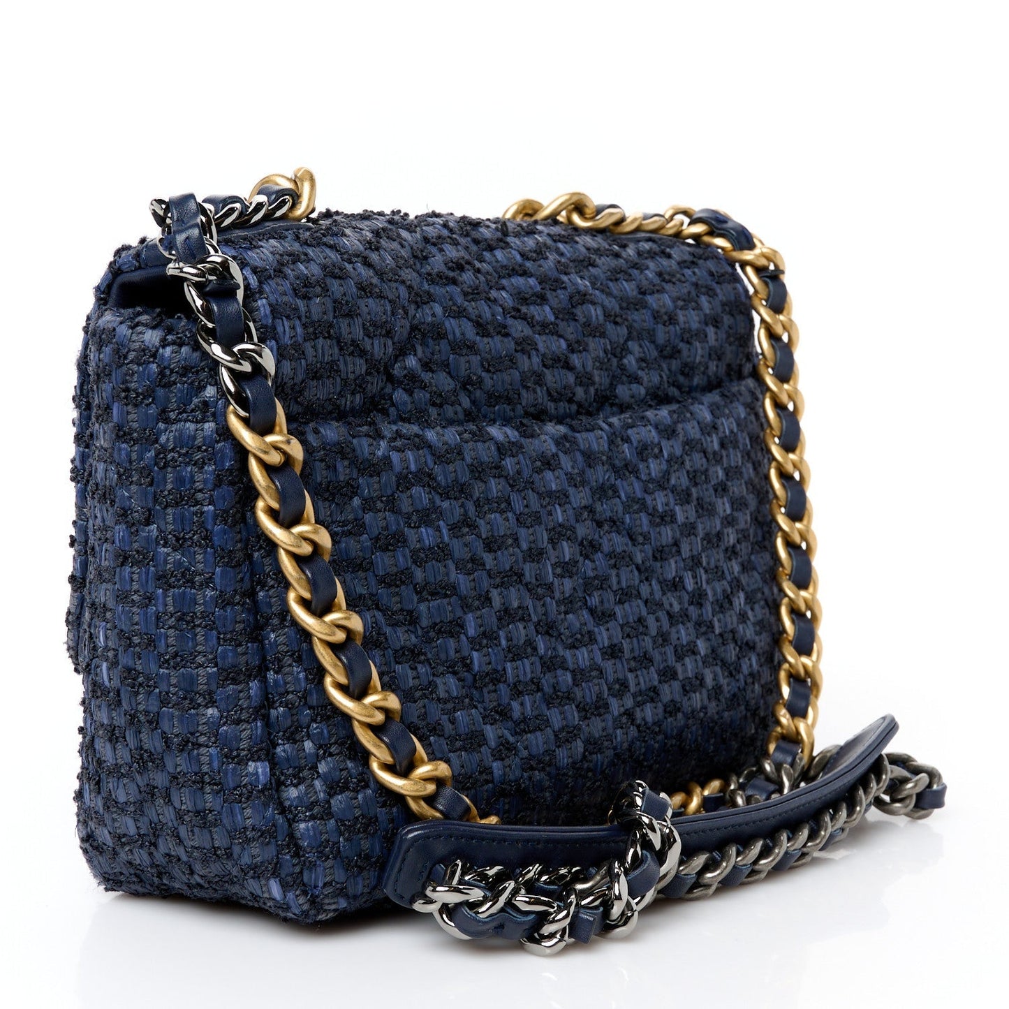 Raffia Tweed Quilted Medium Chanel 19 Flap  Navy