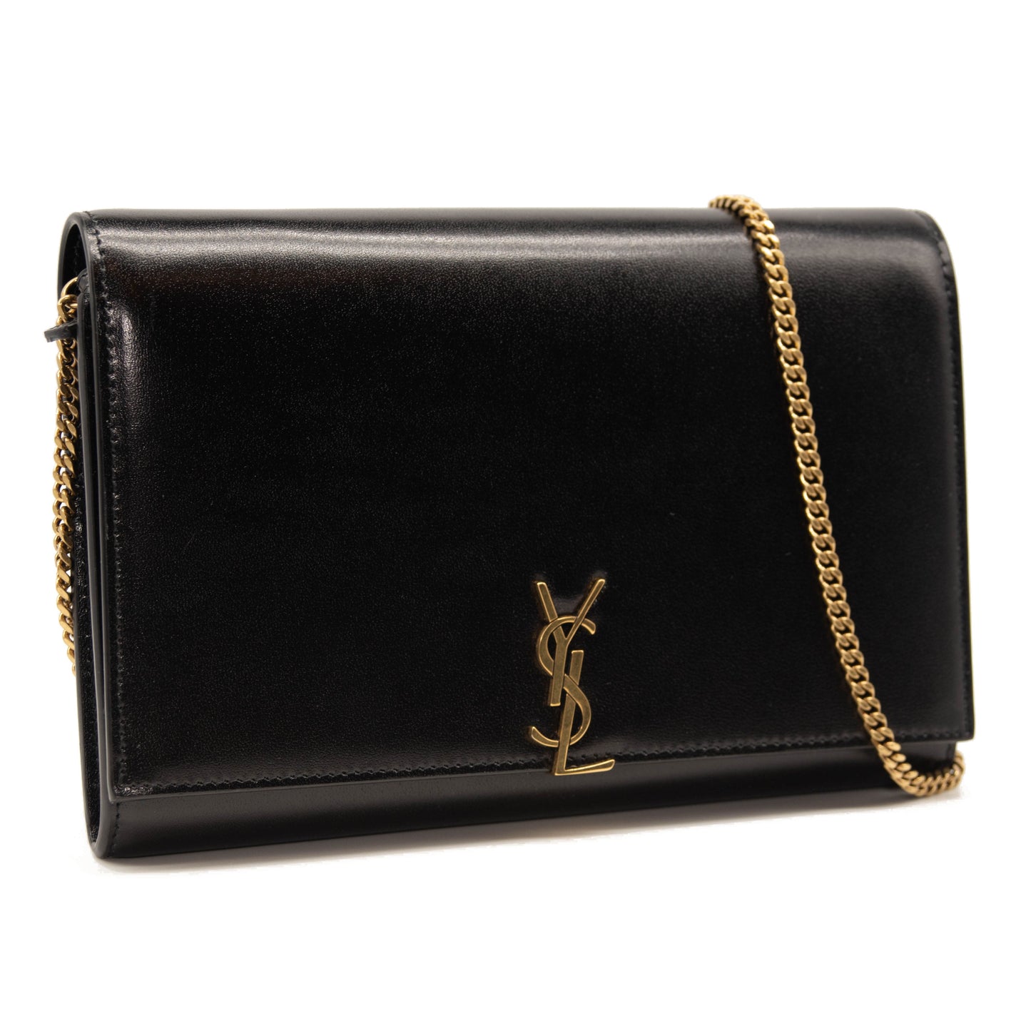 Saint Laurent Le Monogram YSL Glossy Wallet on Crossbody Chain Black Gold