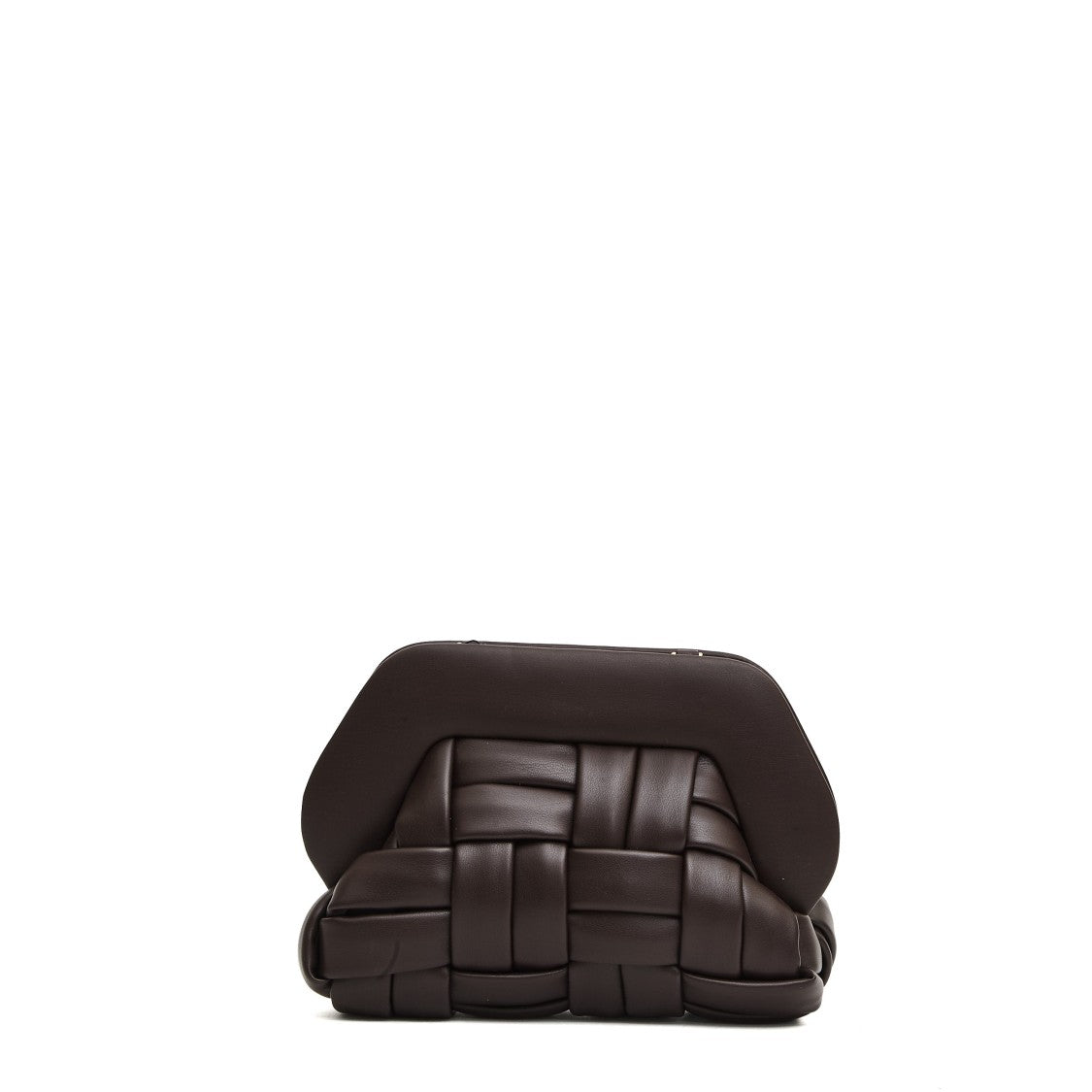 Themoirè Small Brown Woven Leather Clutch With Geometric Silhouette