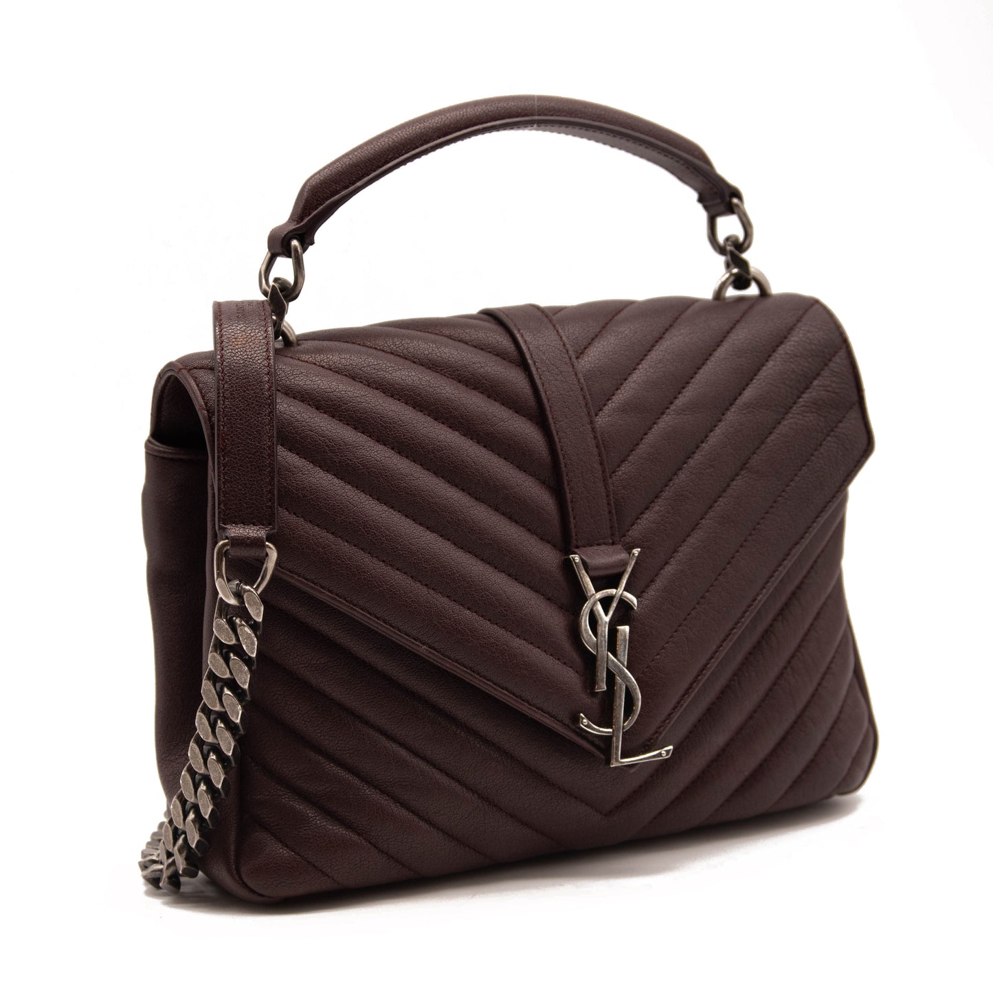 USED Saint Laurent Sheepskin Matelasse Chevron Monogram Medium College Bag Rouge Legion