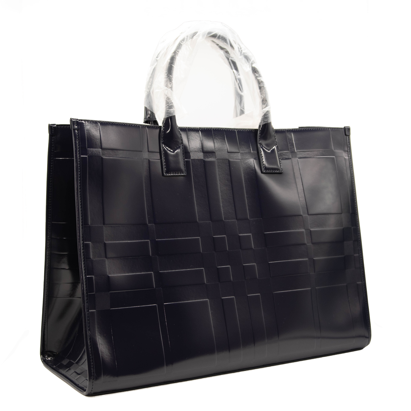 Burberry Denny Embossed Check Leather Tote Blue Patent