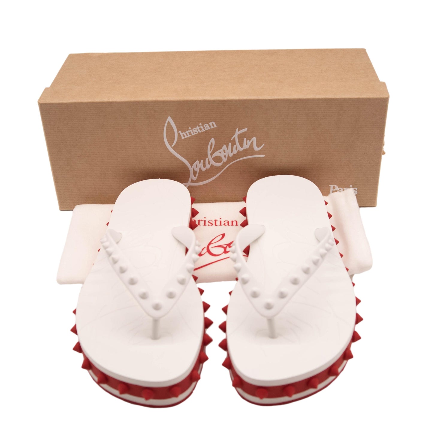 NEW $450 Christian Louboutin Loubi Stud Platform Flip Flop white red sandal 36
