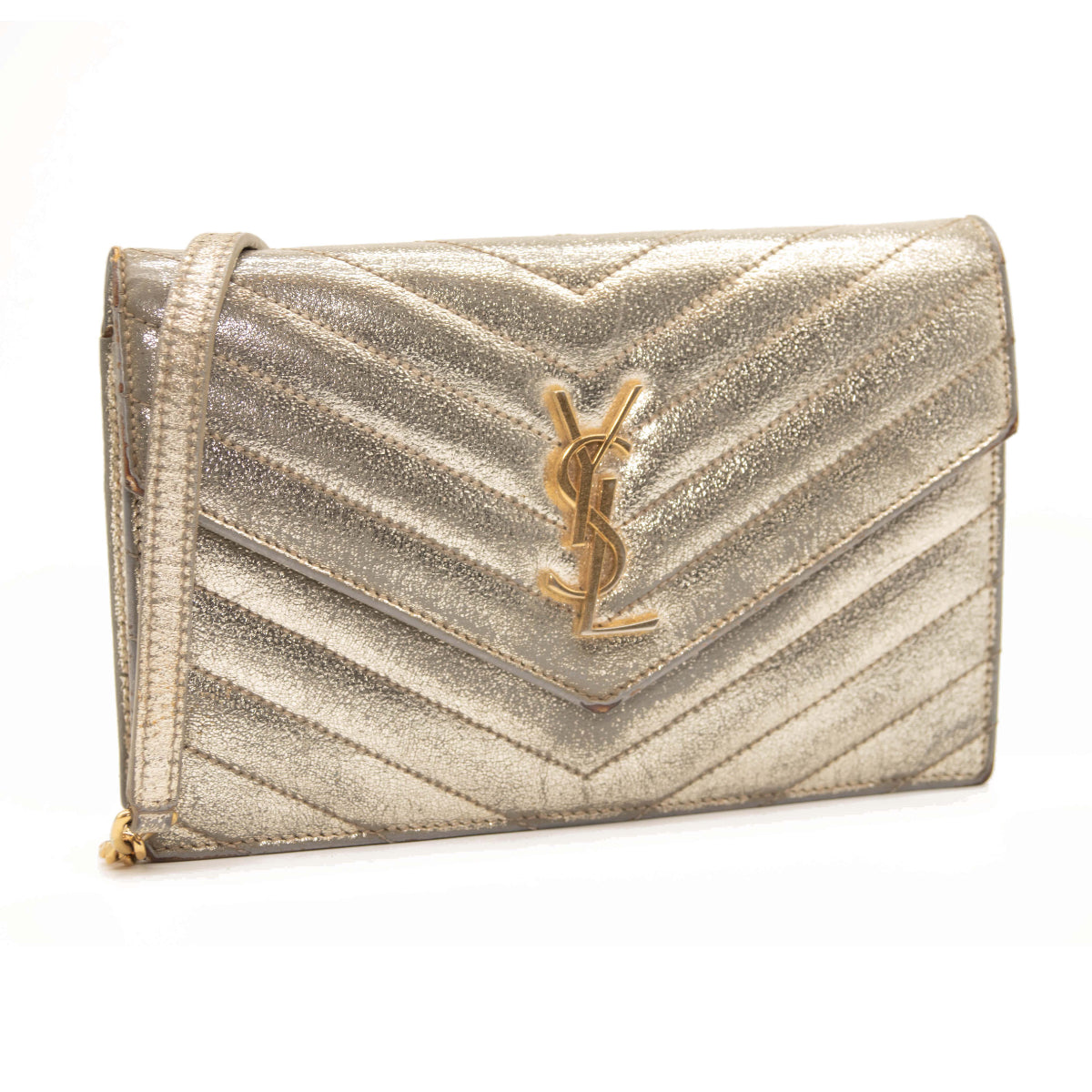 Saint Laurent Grain De Poudre Matelasse Chevron Monogram Envelope Chain Wallet Gold
