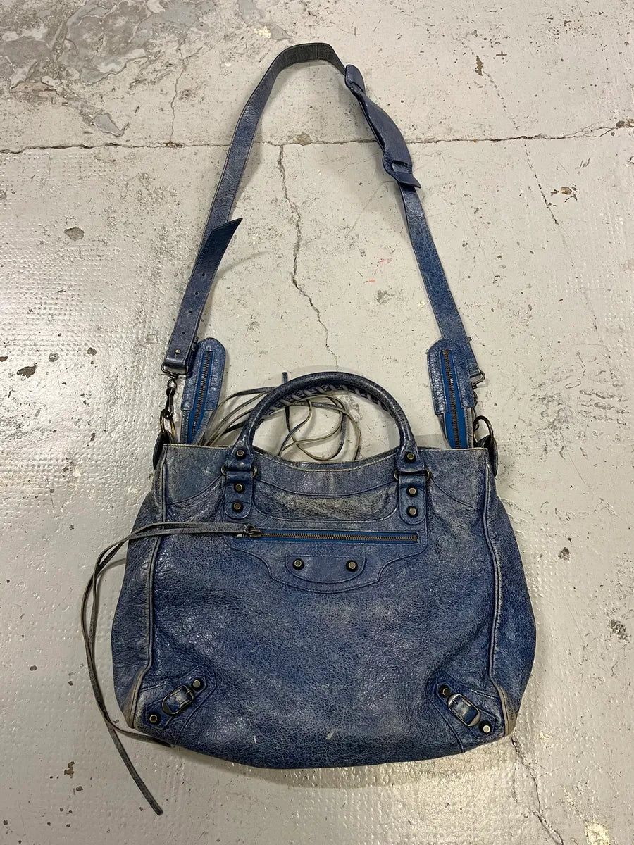 2000s Balenciaga Studded Blue Eroded Leather City Bag