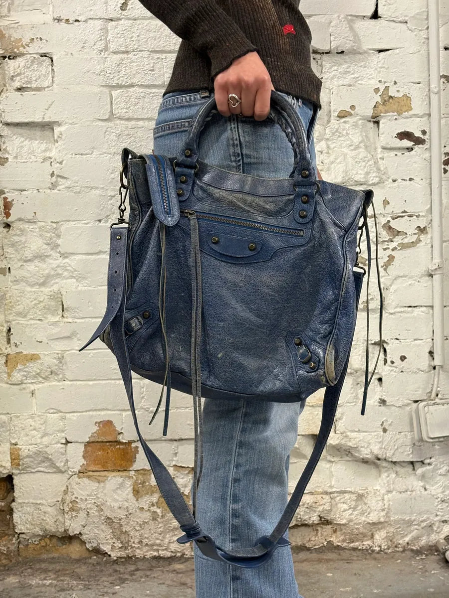 2000s Balenciaga Studded Blue Eroded Leather City Bag