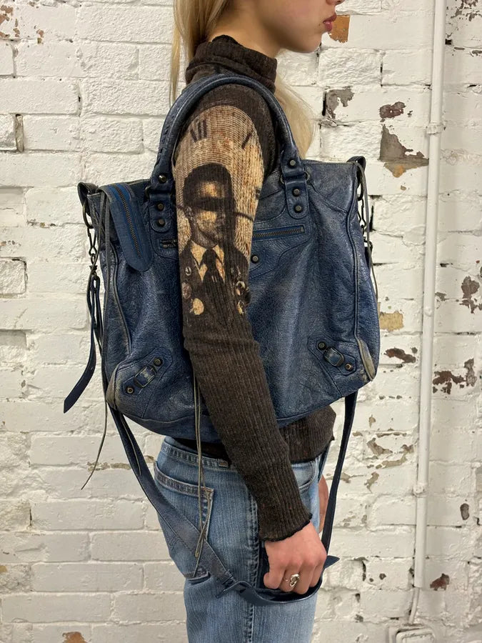 2000s Balenciaga Studded Blue Eroded Leather City Bag