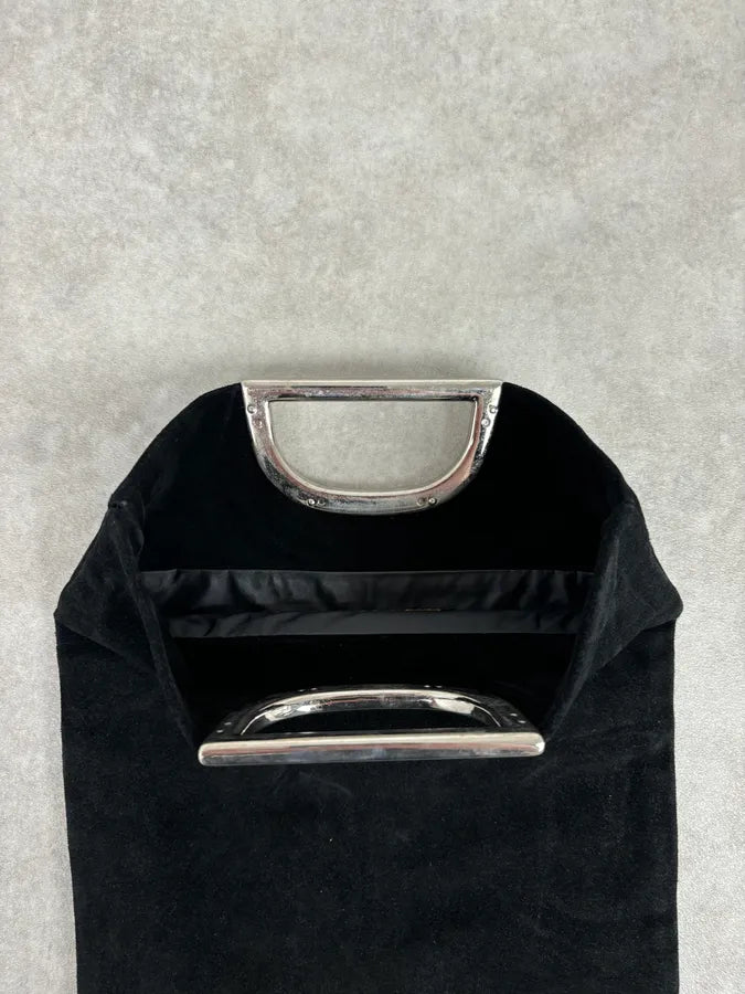 2000s Cavalli Pure Black Leather Metal Handle Bag