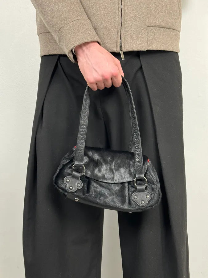 2000s Christian Lacroix Pony Hair Black Leather Handle Bag