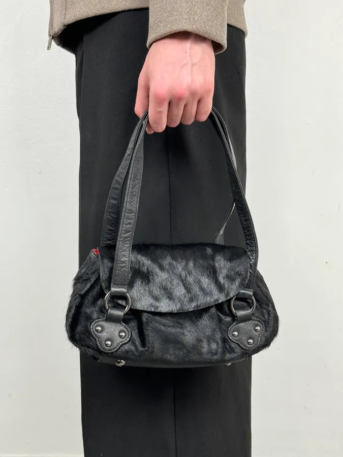 2000s Christian Lacroix Pony Hair Black Leather Handle Bag