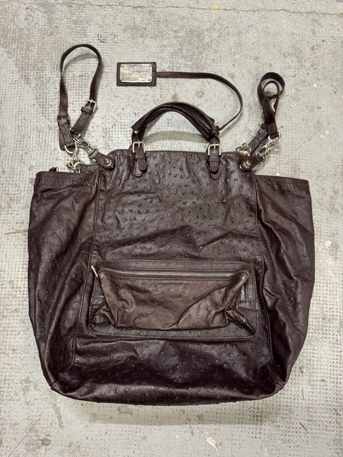 2000s Dolce & Gabbana Ostrich Effect Brown Leather Bag