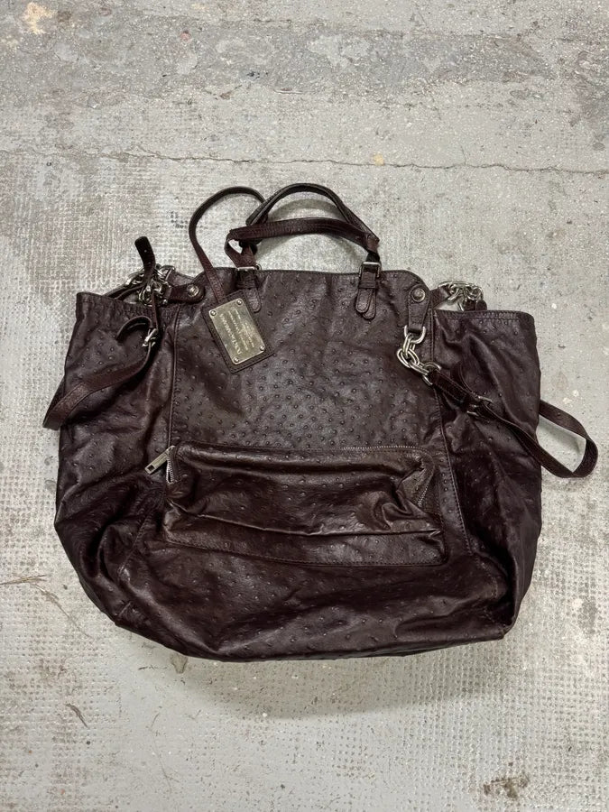 2000s Dolce & Gabbana Ostrich Effect Brown Leather Bag