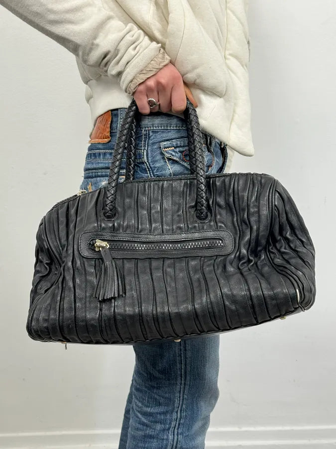 2000s Emporio Armani Pleats Black Leather Handle Bag