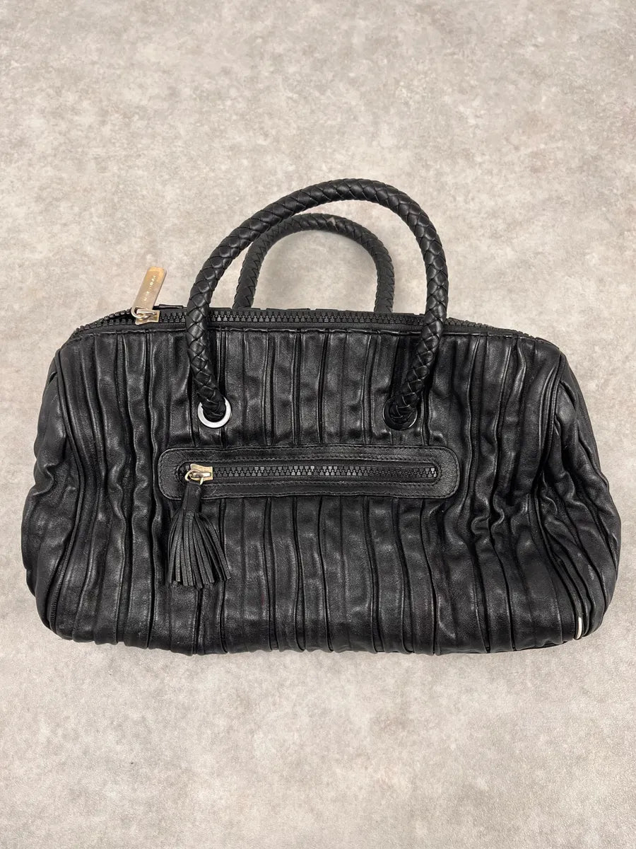 2000s Emporio Armani Pleats Black Leather Handle Bag