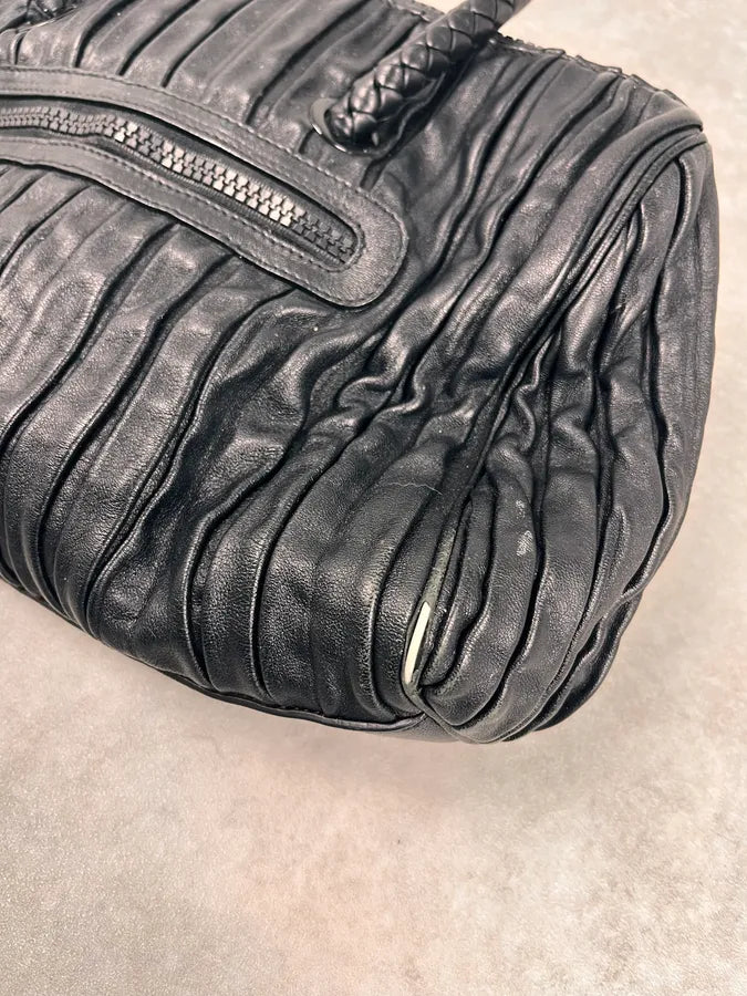 2000s Emporio Armani Pleats Black Leather Handle Bag