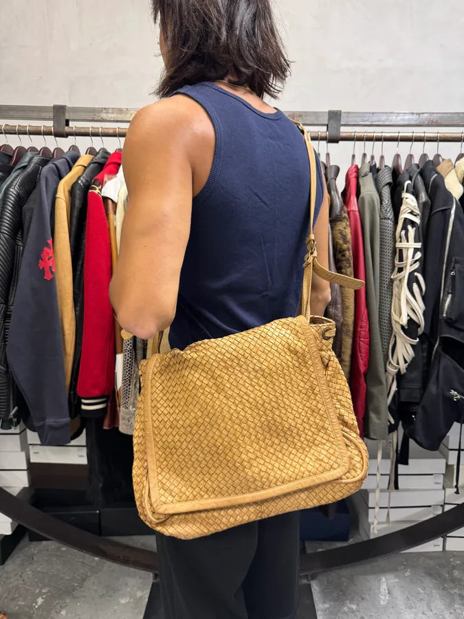 2000s Giorgio Brato Beige Woven Leather Shoulder Bag