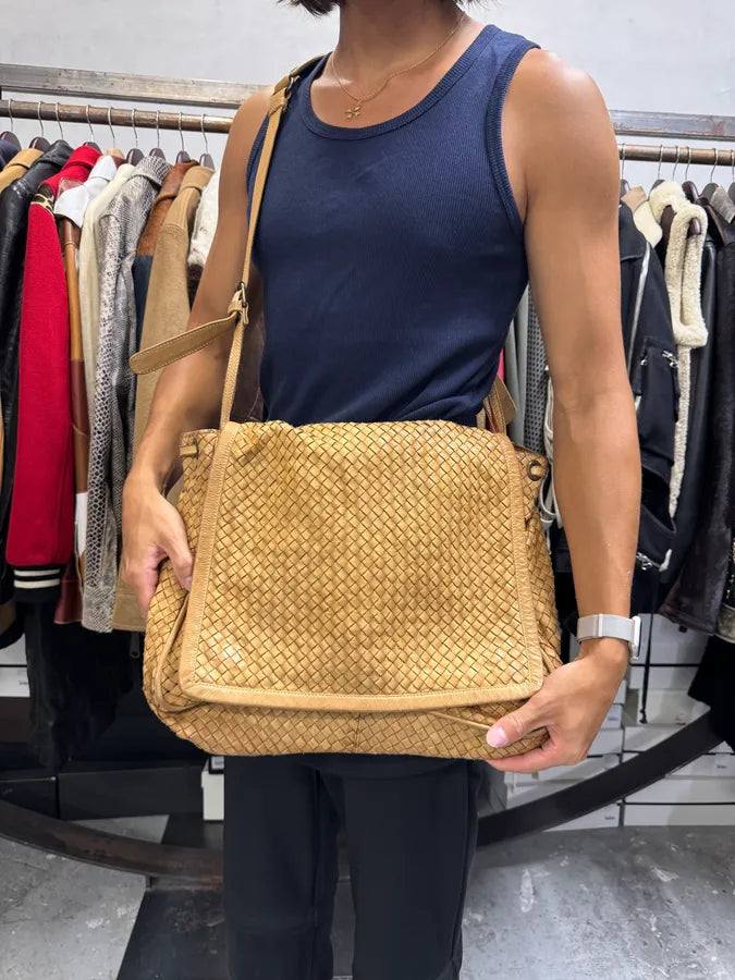 2000s Giorgio Brato Beige Woven Leather Shoulder Bag