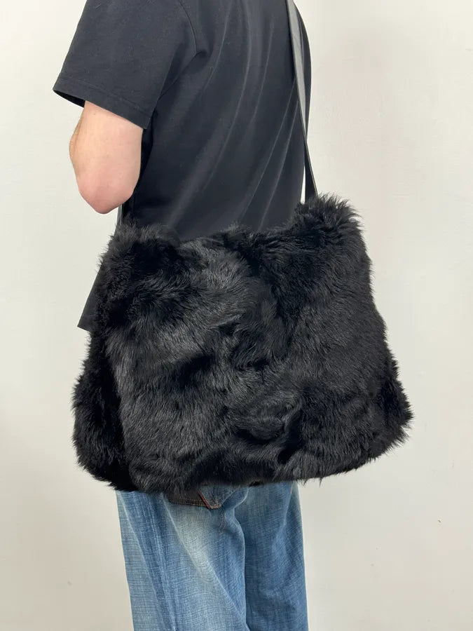 2000s Gucci Black Wolf Fur Leather Shoulder Bag