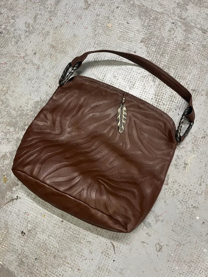 2000s Roberto Cavalli Brown Handle Leather Relief Savage Bag