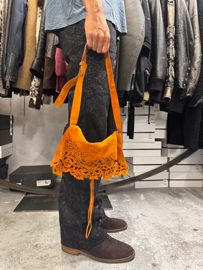 2000s Roberto Cavalli Orange Suede Leather Handle Bag