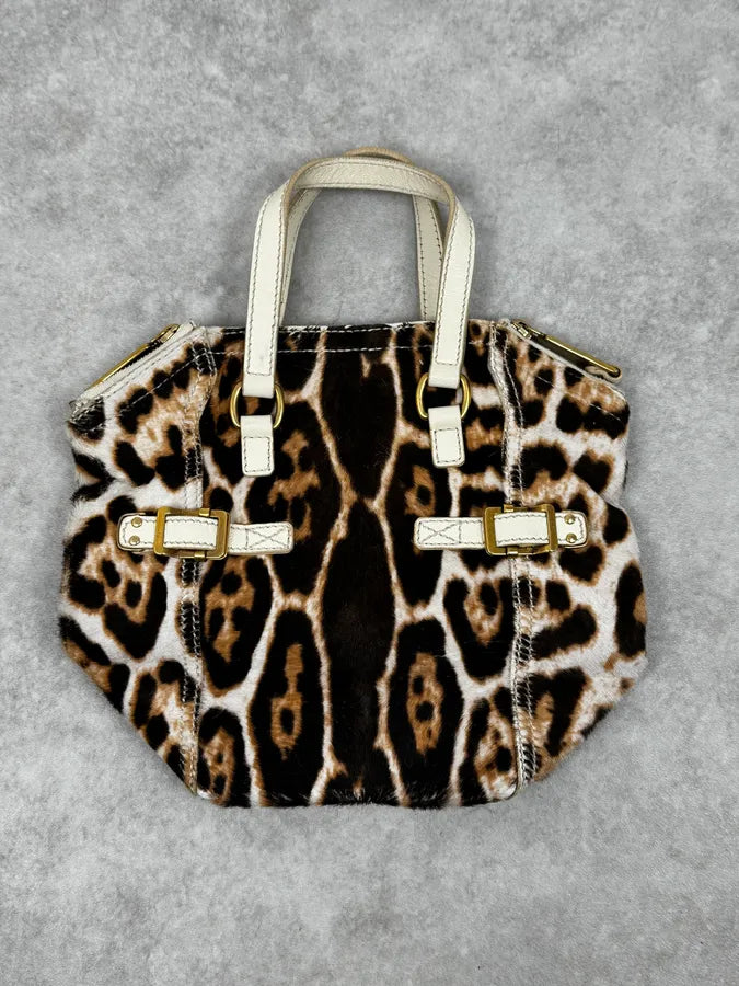2000s Yves Saint Laurent Leopard Pony Hair Leather Handle Bag
