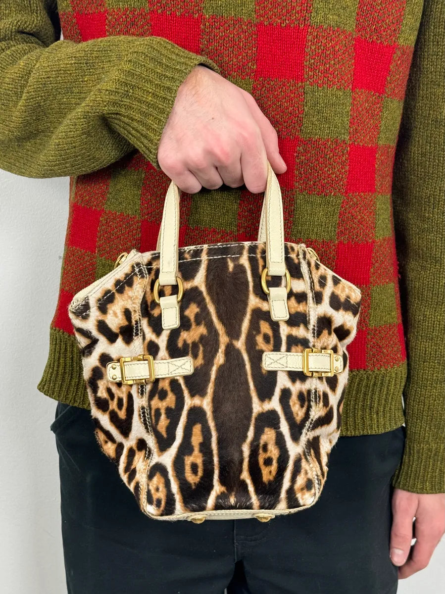 2000s Yves Saint Laurent Leopard Pony Hair Leather Handle Bag