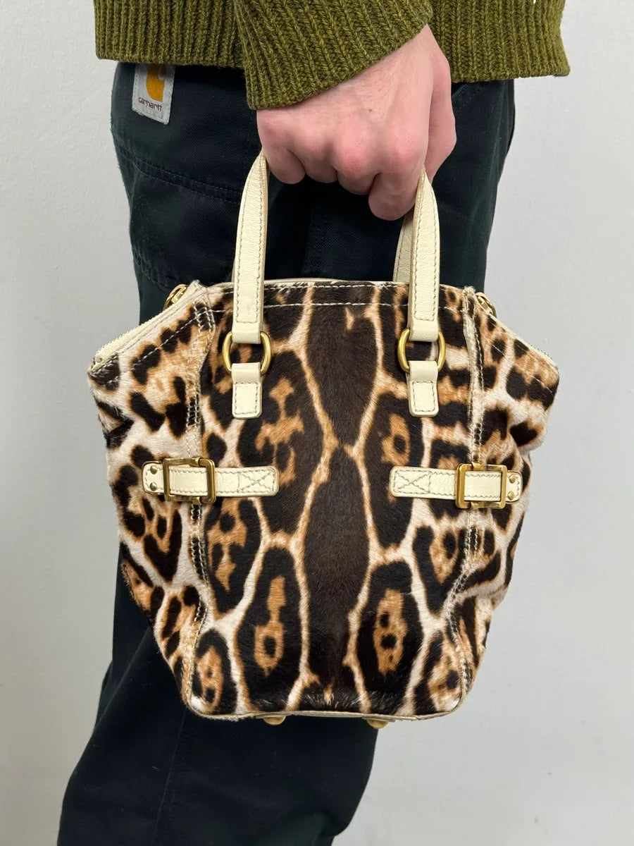 2000s Yves Saint Laurent Leopard Pony Hair Leather Handle Bag