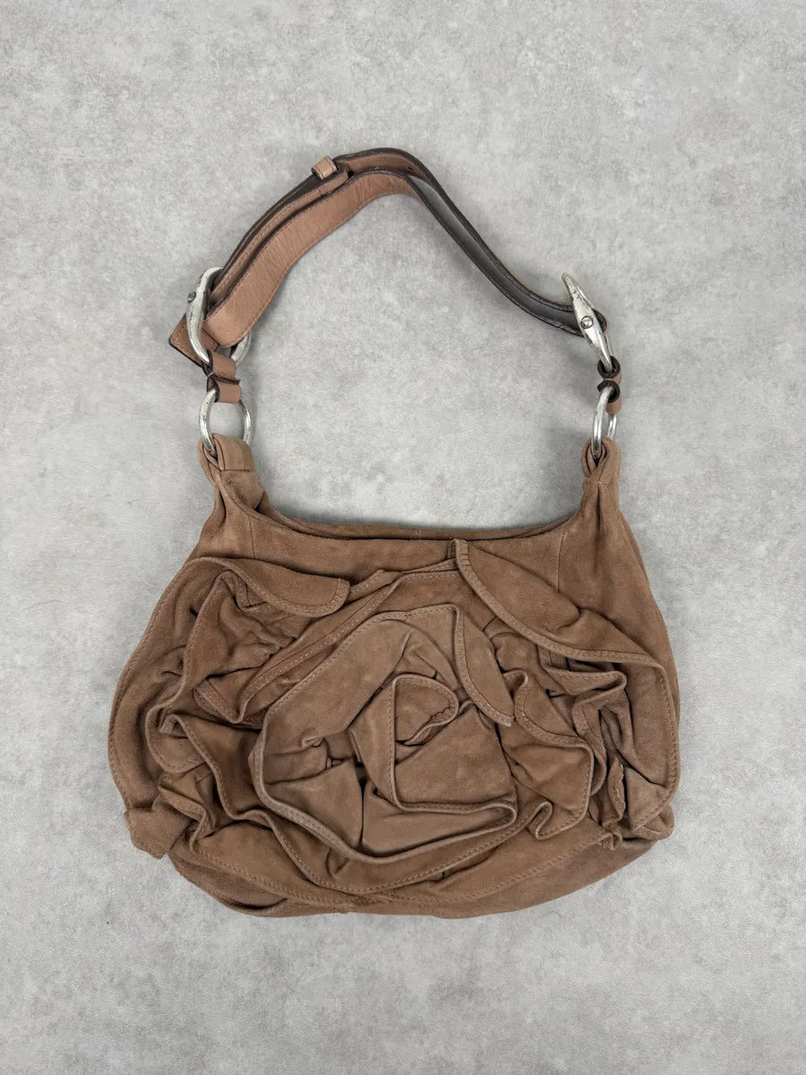 2000s Yves Saint Laurent Mauve Purple Flower Suede Leather Bag