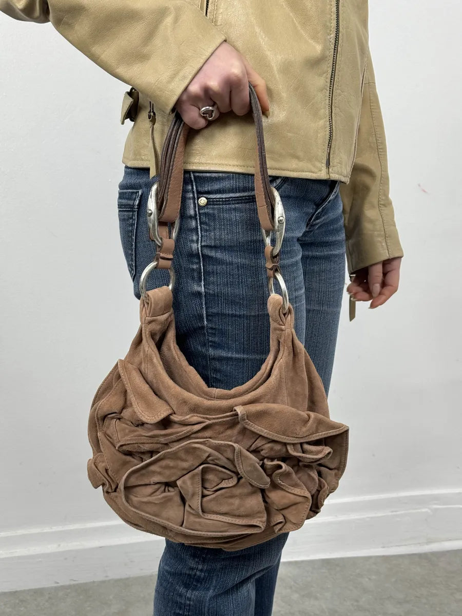 2000s Yves Saint Laurent Mauve Purple Flower Suede Leather Bag