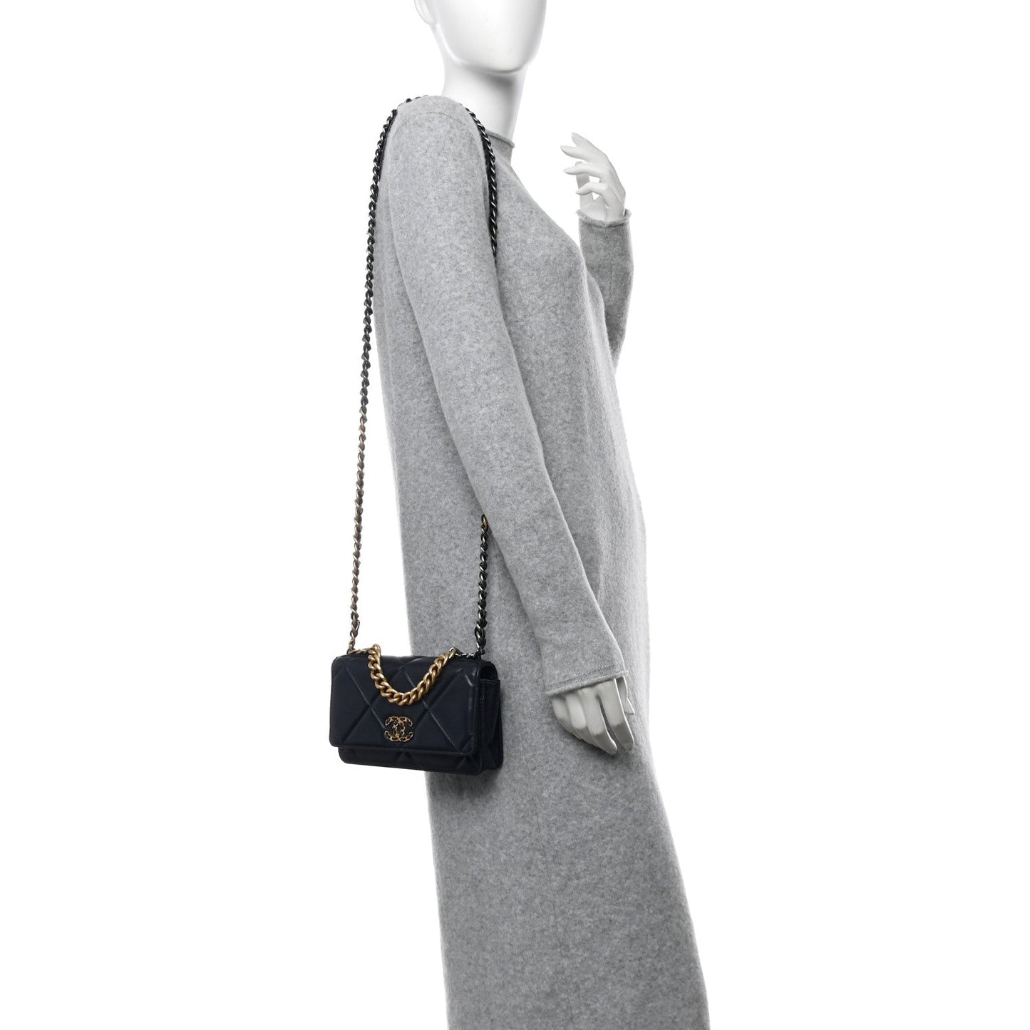 Lambskin Quilted Chanel 19 Wallet On Chain WOC Navy Blue