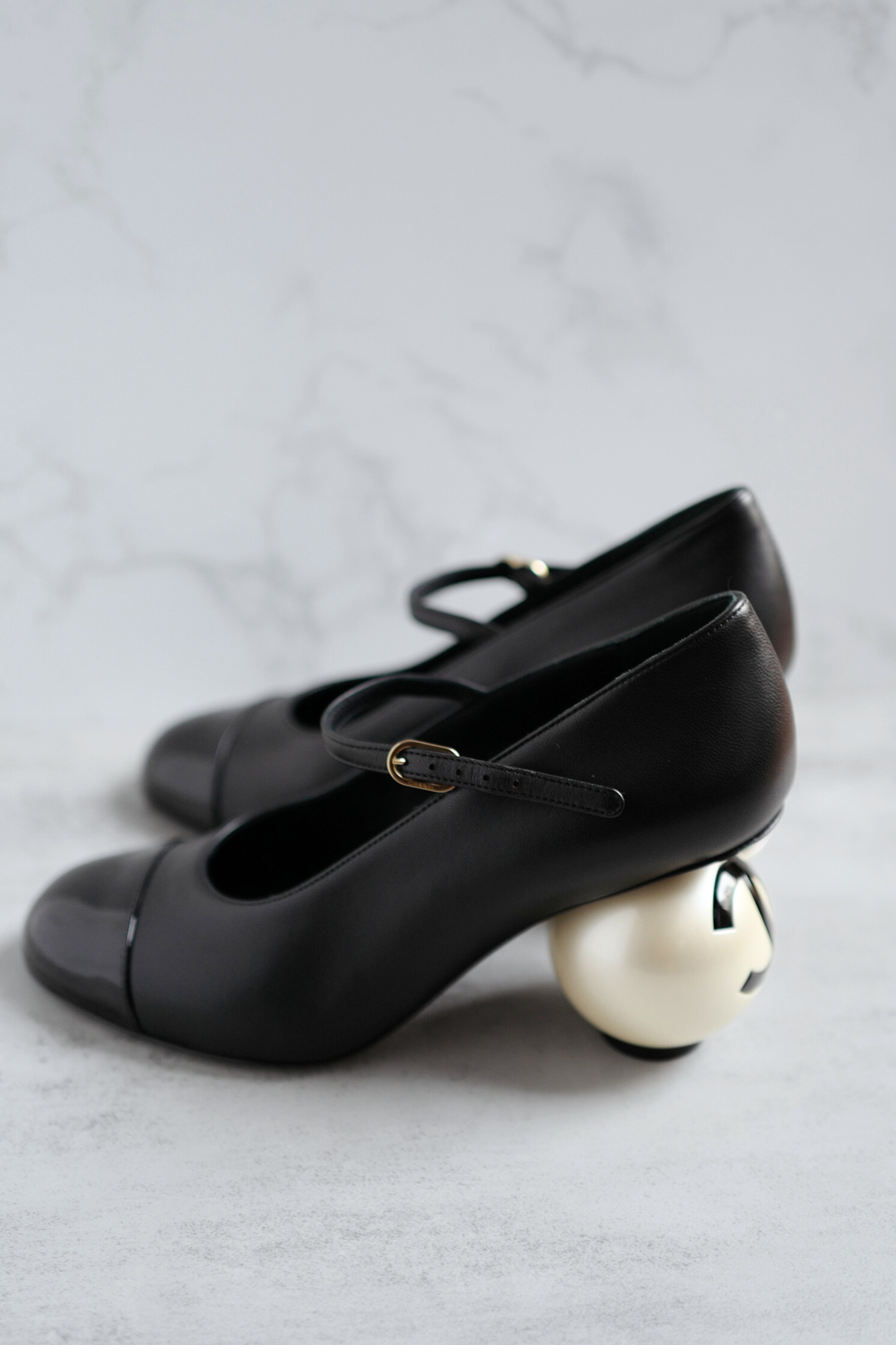 Chanel Mary Jane Black Leather Cap Toe Heels Size 37.5