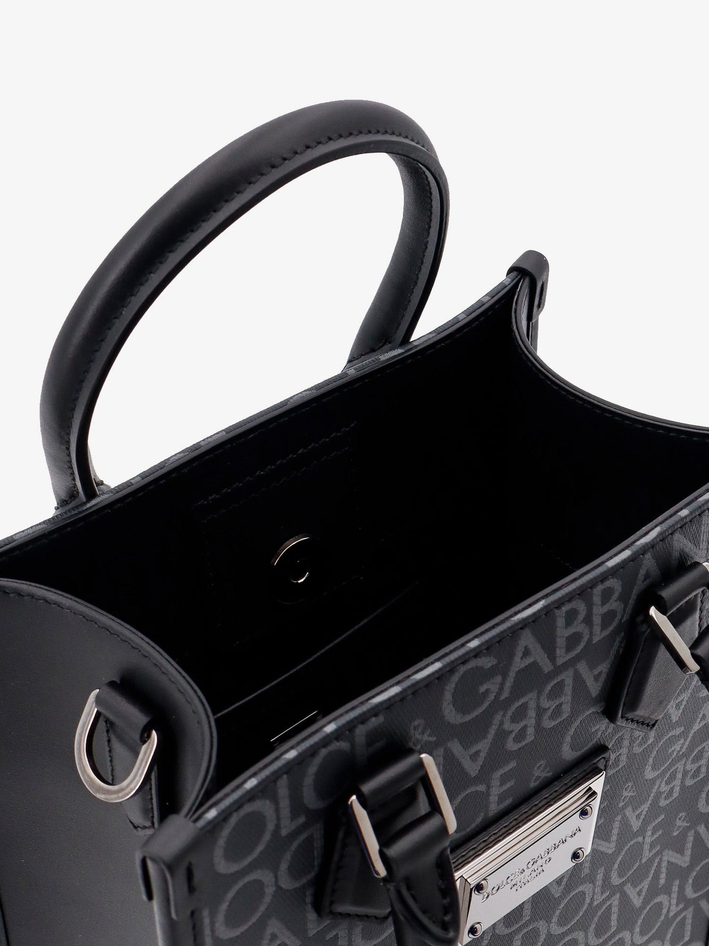 Coated canvas and leather handbag with all-over logo