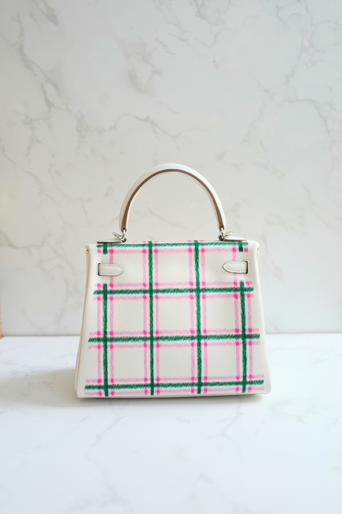BNIB Hermès Kelly 25 Sellier Tartan Pattern White Leather Handbag With Palladium Hardware
