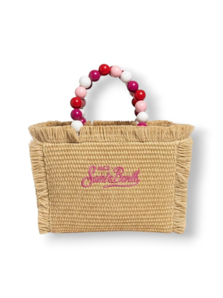 Mc2 Saint Barth Rectangular Woven Tote With Fringed Edges And Colorful Bead Accents
