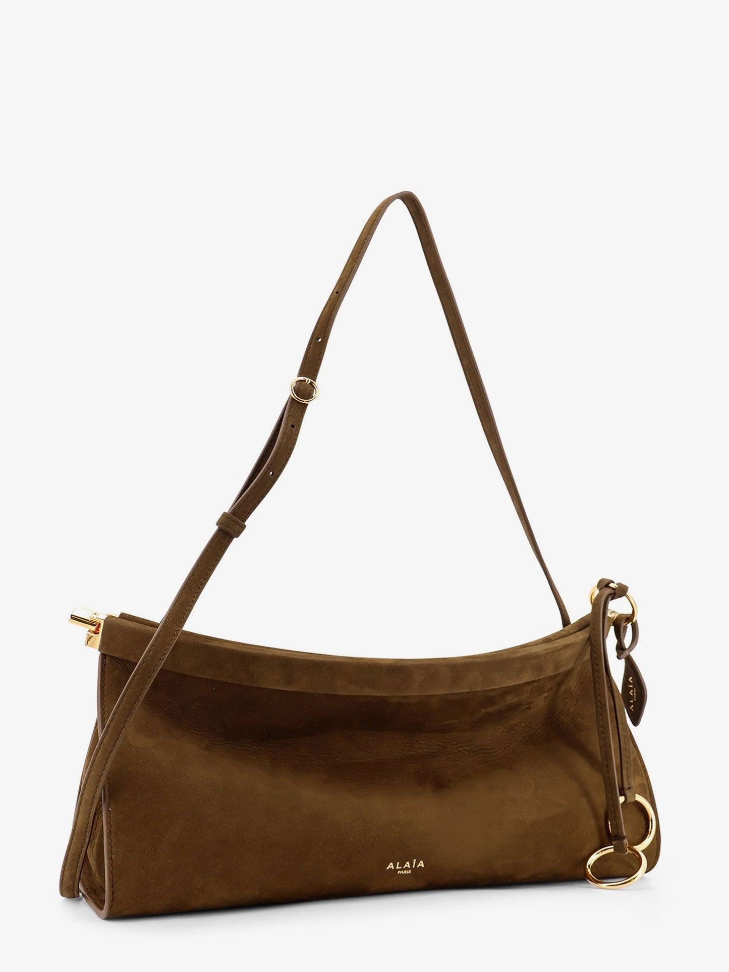 East West leather shoulder bag with engraved logo lettering