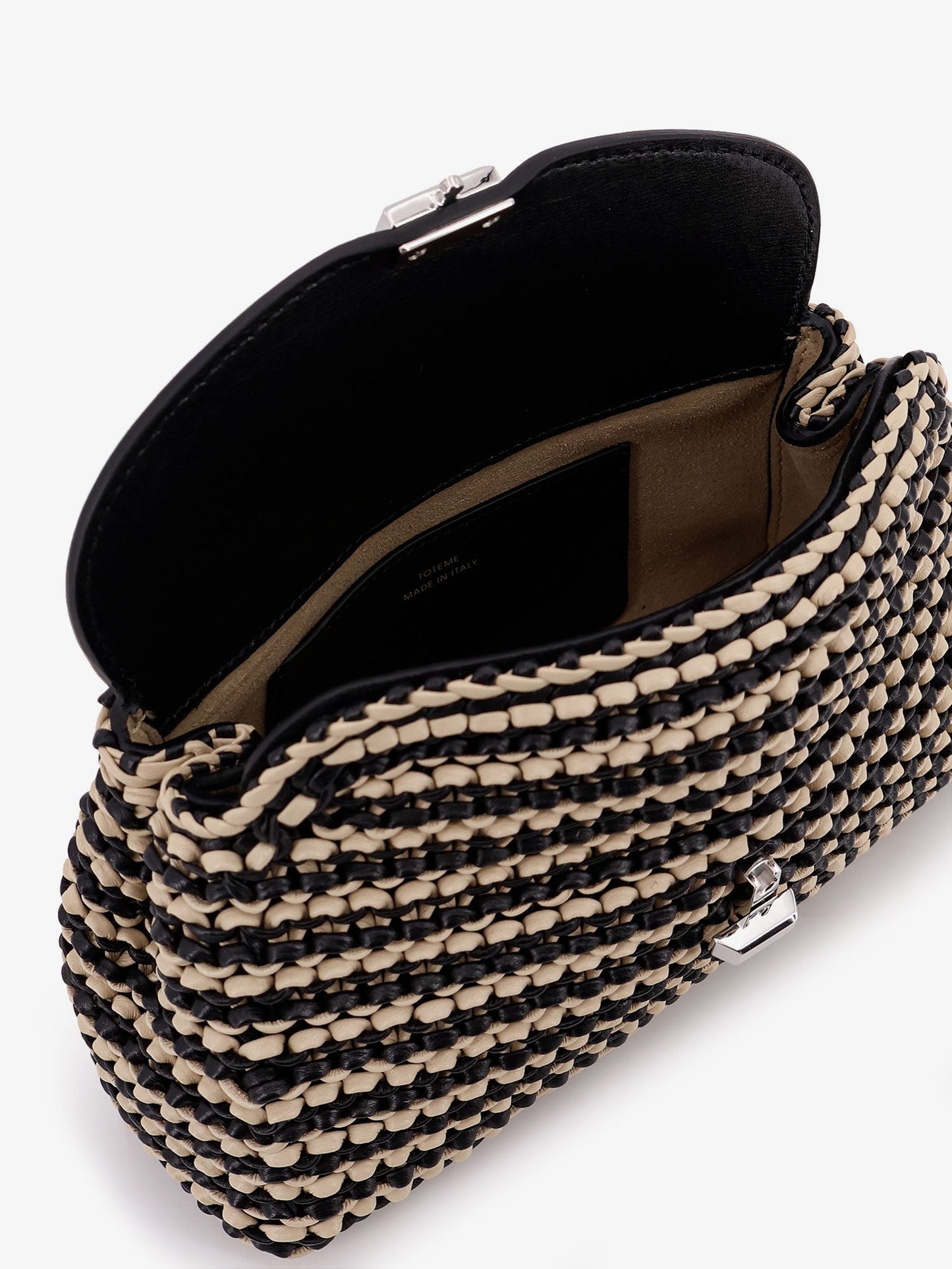 Mini T-lock clutch in leather with woven pattern